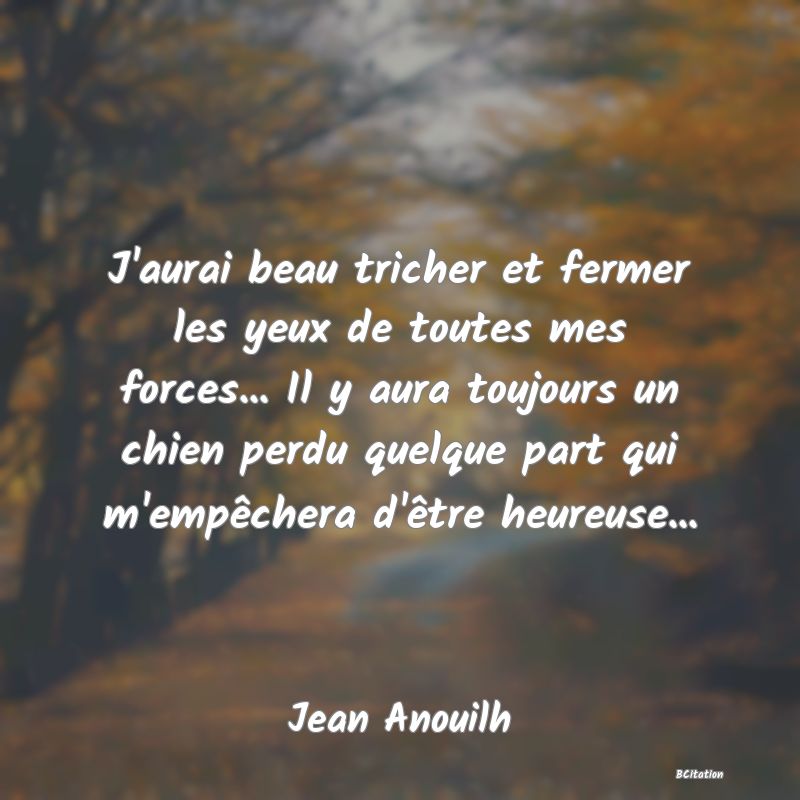 image de citation: J'aurai beau tricher et fermer les yeux de toutes mes forces... Il y aura toujours un chien perdu quelque part qui m'empêchera d'être heureuse...