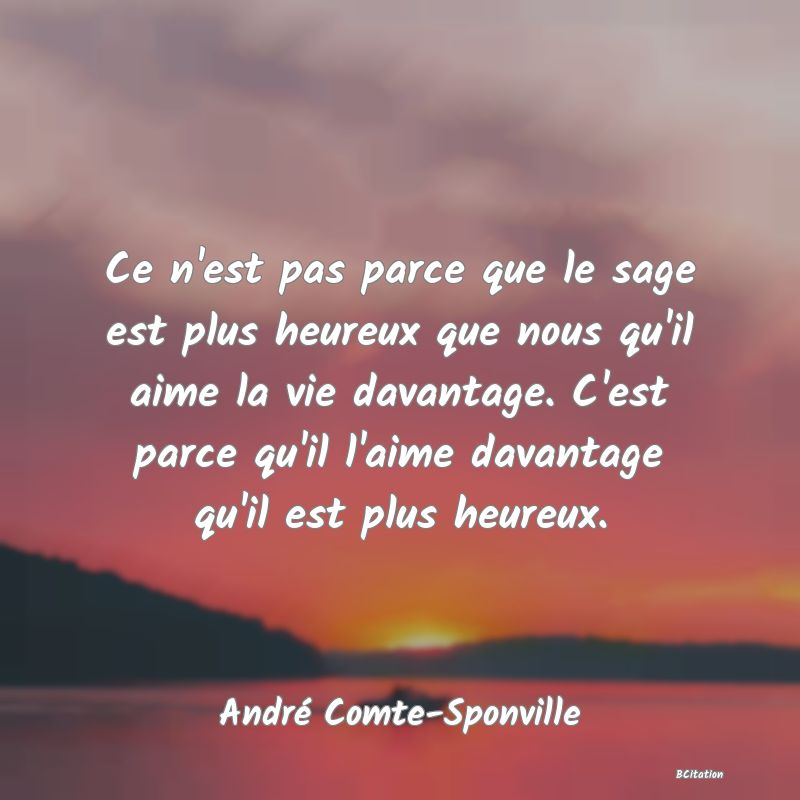 image de citation: Ce n'est pas parce que le sage est plus heureux que nous qu'il aime la vie davantage. C'est parce qu'il l'aime davantage qu'il est plus heureux.