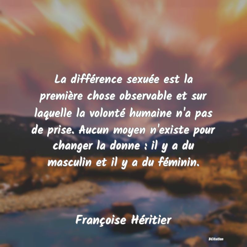 image de citation: La différence sexuée est la première chose observable et sur laquelle la volonté humaine n'a pas de prise. Aucun moyen n'existe pour changer la donne : il y a du masculin et il y a du féminin.