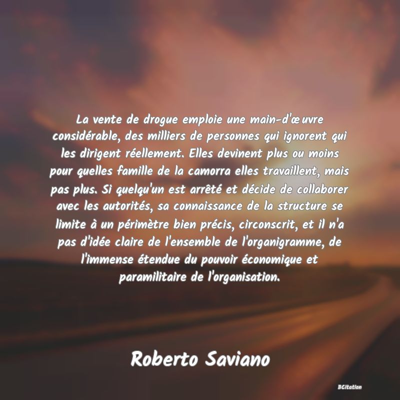 image de citation: La vente de drogue emploie une main-d'œuvre considérable, des milliers de personnes qui ignorent qui les dirigent réellement. Elles devinent plus ou moins pour quelles famille de la camorra elles travaillent, mais pas plus. Si quelqu'un est arrêté et décide de collaborer avec les autorités, sa connaissance de la structure se limite à un périmètre bien précis, circonscrit, et il n'a pas d'idée claire de l'ensemble de l'organigramme, de l'immense étendue du pouvoir économique et paramilitaire de l'organisation.