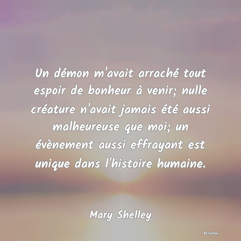 image de citation: Un démon m'avait arraché tout espoir de bonheur à venir; nulle créature n'avait jamais été aussi malheureuse que moi; un évènement aussi effrayant est unique dans l'histoire humaine.