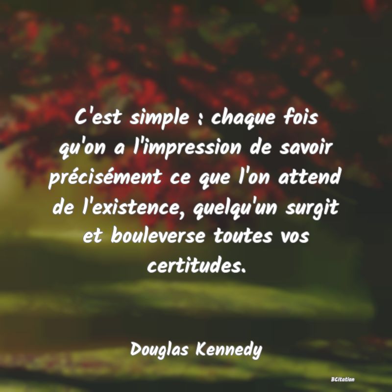 image de citation: C'est simple : chaque fois qu'on a l'impression de savoir précisément ce que l'on attend de l'existence, quelqu'un surgit et bouleverse toutes vos certitudes.