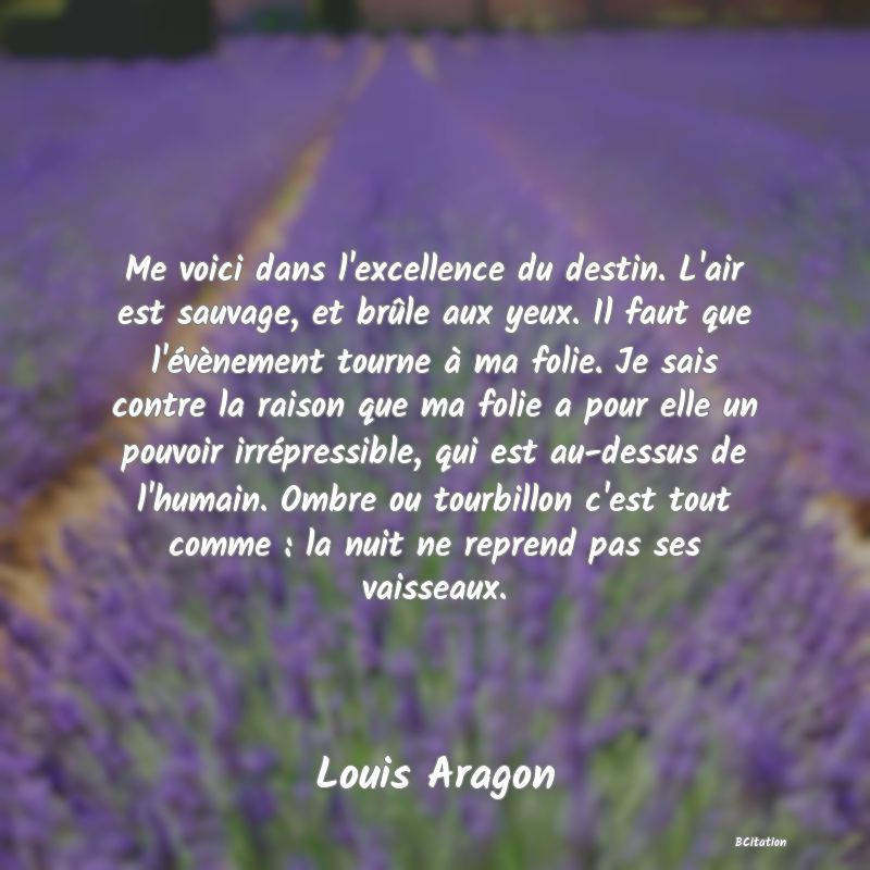 image de citation: Me voici dans l'excellence du destin. L'air est sauvage, et brûle aux yeux. Il faut que l'évènement tourne à ma folie. Je sais contre la raison que ma folie a pour elle un pouvoir irrépressible, qui est au-dessus de l'humain. Ombre ou tourbillon c'est tout comme : la nuit ne reprend pas ses vaisseaux.