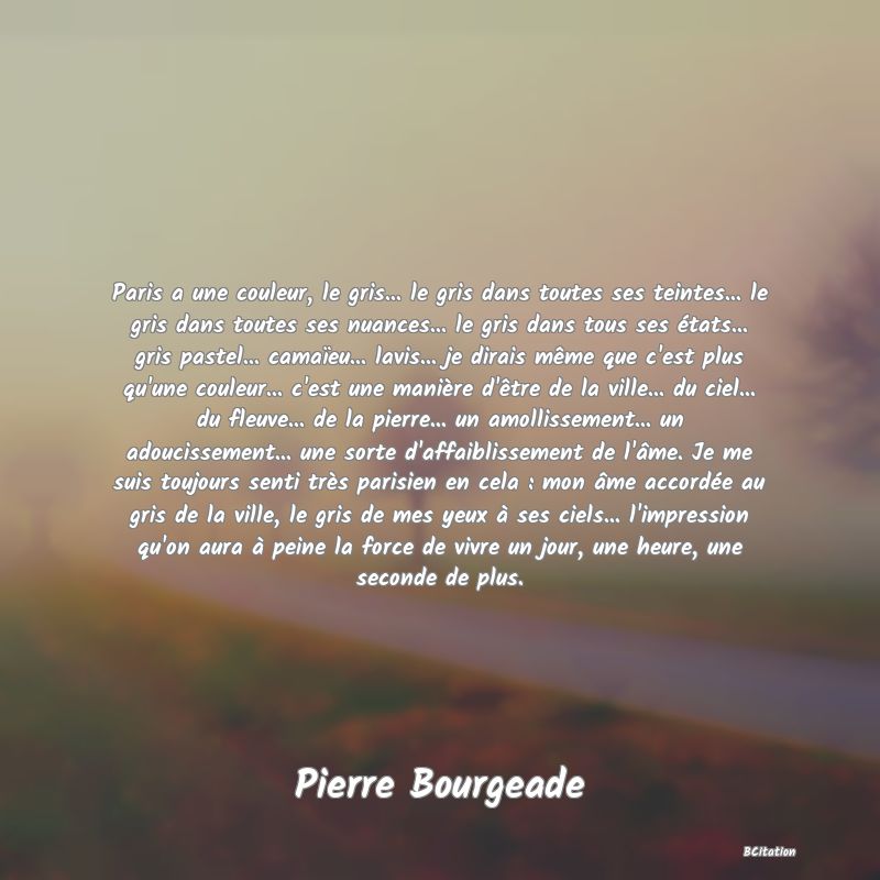 image de citation: Paris a une couleur, le gris... le gris dans toutes ses teintes... le gris dans toutes ses nuances... le gris dans tous ses états... gris pastel... camaïeu... lavis... je dirais même que c'est plus qu'une couleur... c'est une manière d'être de la ville... du ciel... du fleuve... de la pierre... un amollissement... un adoucissement... une sorte d'affaiblissement de l'âme. Je me suis toujours senti très parisien en cela : mon âme accordée au gris de la ville, le gris de mes yeux à ses ciels... l'impression qu'on aura à peine la force de vivre un jour, une heure, une seconde de plus.