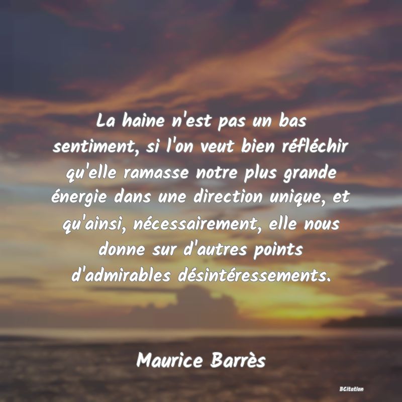 image de citation: La haine n'est pas un bas sentiment, si l'on veut bien réfléchir qu'elle ramasse notre plus grande énergie dans une direction unique, et qu'ainsi, nécessairement, elle nous donne sur d'autres points d'admirables désintéressements.