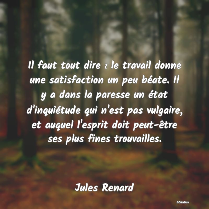 image de citation: Il faut tout dire : le travail donne une satisfaction un peu béate. Il y a dans la paresse un état d'inquiétude qui n'est pas vulgaire, et auquel l'esprit doit peut-être ses plus fines trouvailles.