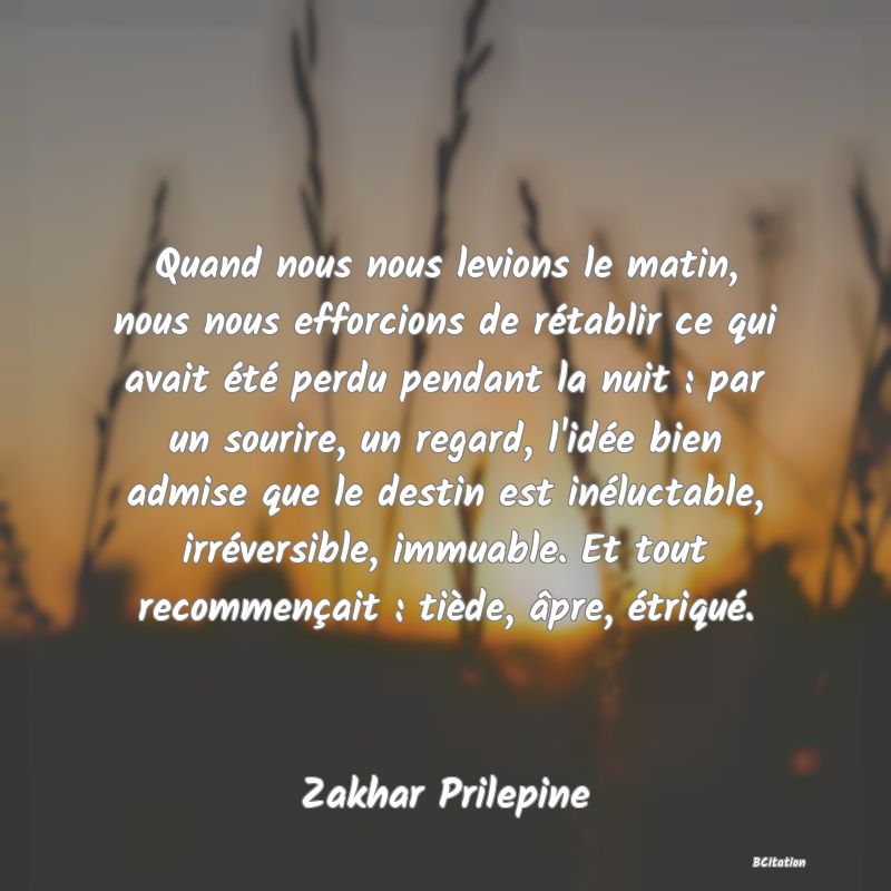 image de citation: Quand nous nous levions le matin, nous nous efforcions de rétablir ce qui avait été perdu pendant la nuit : par un sourire, un regard, l'idée bien admise que le destin est inéluctable, irréversible, immuable. Et tout recommençait : tiède, âpre, étriqué.