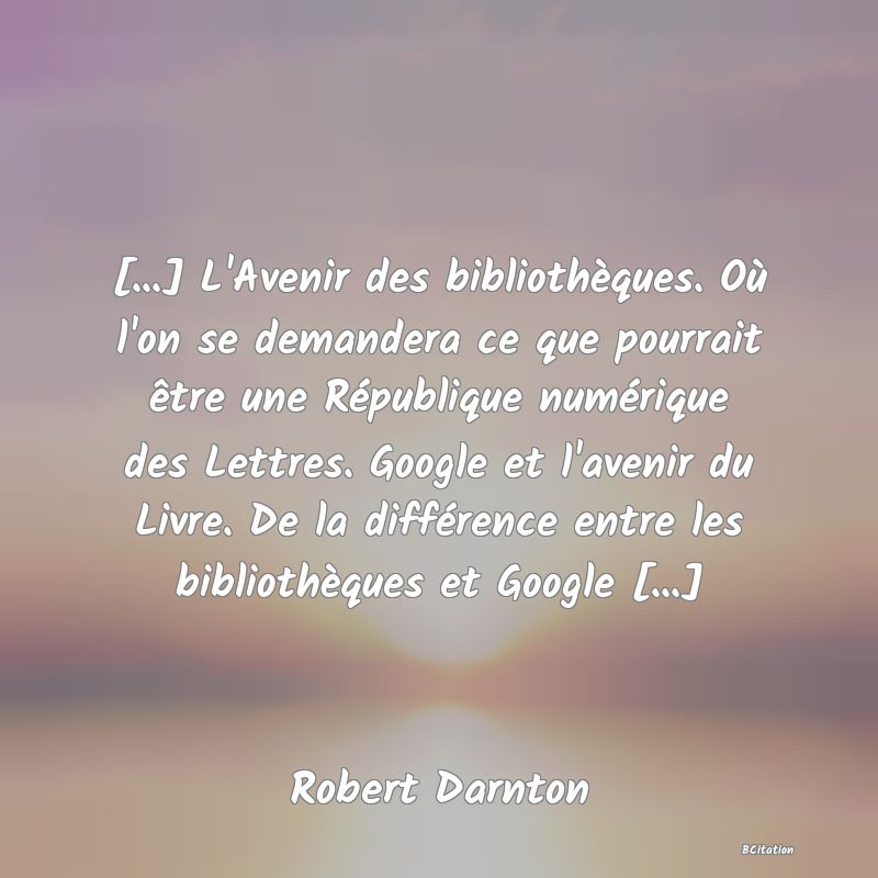 image de citation: [...] L'Avenir des bibliothèques. Où l'on se demandera ce que pourrait être une République numérique des Lettres. Google et l'avenir du Livre. De la différence entre les bibliothèques et Google [...]