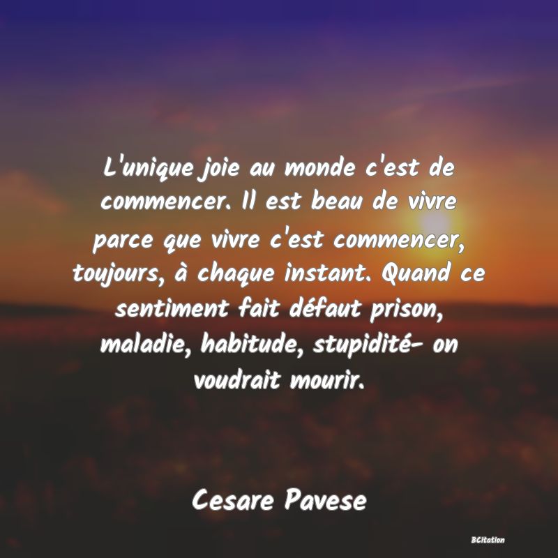 image de citation: L'unique joie au monde c'est de commencer. Il est beau de vivre parce que vivre c'est commencer, toujours, à chaque instant. Quand ce sentiment fait défaut prison, maladie, habitude, stupidité- on voudrait mourir.