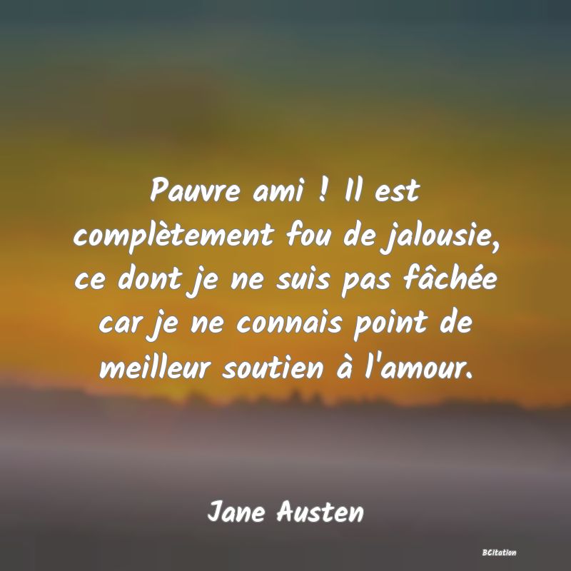 image de citation: Pauvre ami ! Il est complètement fou de jalousie, ce dont je ne suis pas fâchée car je ne connais point de meilleur soutien à l'amour.