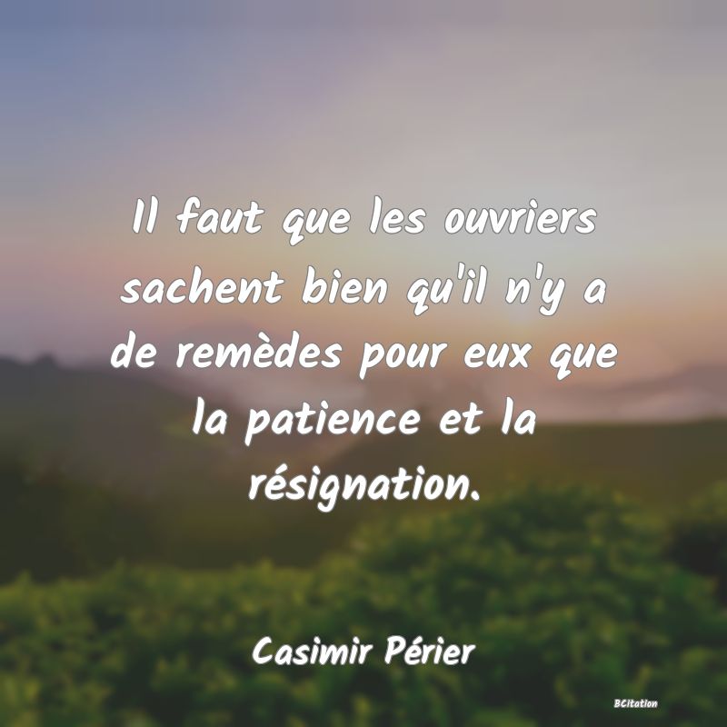 image de citation: Il faut que les ouvriers sachent bien qu'il n'y a de remèdes pour eux que la patience et la résignation.