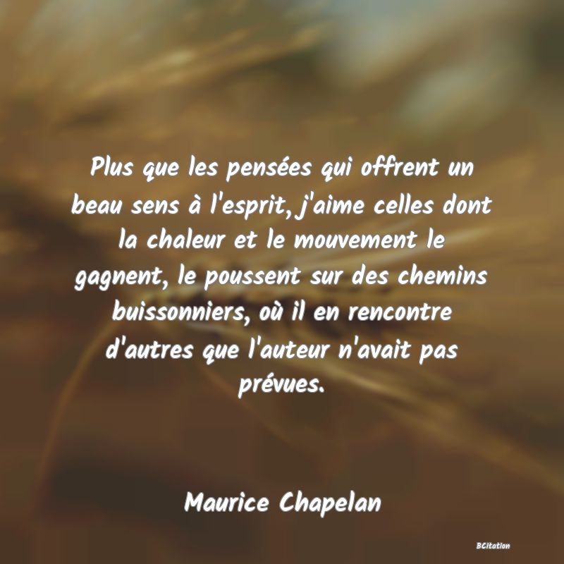 image de citation: Plus que les pensées qui offrent un beau sens à l'esprit, j'aime celles dont la chaleur et le mouvement le gagnent, le poussent sur des chemins buissonniers, où il en rencontre d'autres que l'auteur n'avait pas prévues.