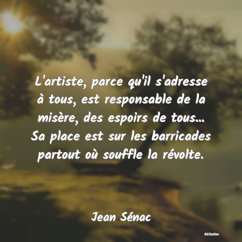 image de citation: L'artiste, parce qu'il s'adresse à tous, est responsable de la misère, des espoirs de tous... Sa place est sur les barricades partout où souffle la révolte.