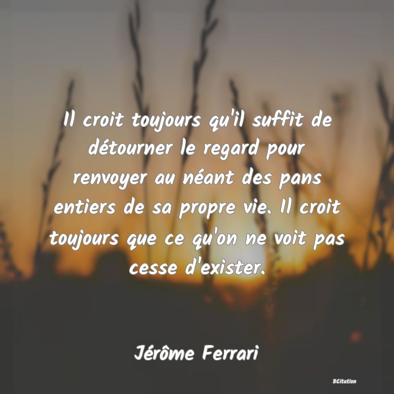 image de citation: Il croit toujours qu'il suffit de détourner le regard pour renvoyer au néant des pans entiers de sa propre vie. Il croit toujours que ce qu'on ne voit pas cesse d'exister.