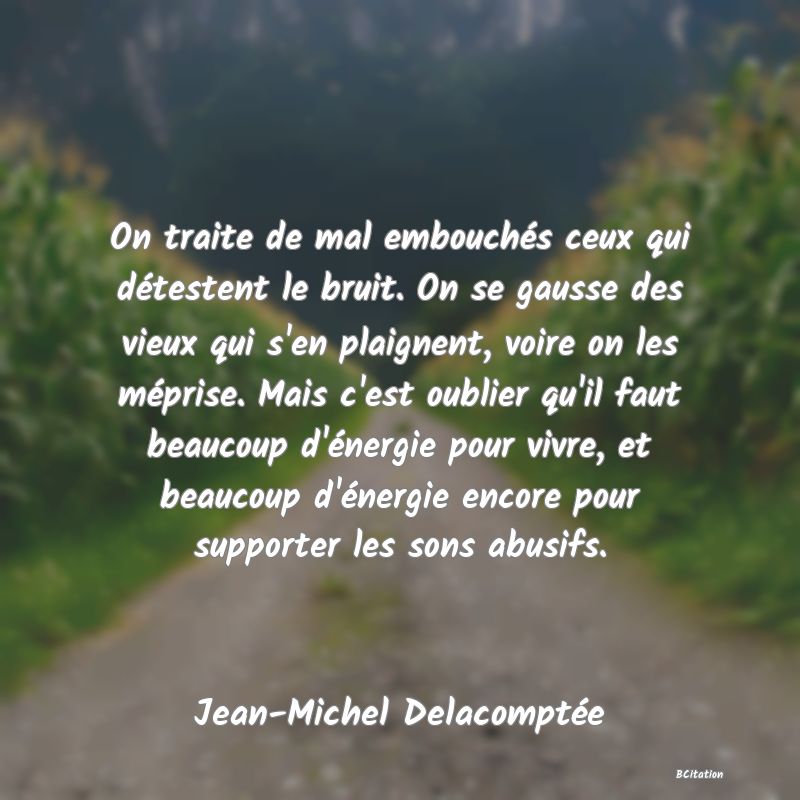 image de citation: On traite de mal embouchés ceux qui détestent le bruit. On se gausse des vieux qui s'en plaignent, voire on les méprise. Mais c'est oublier qu'il faut beaucoup d'énergie pour vivre, et beaucoup d'énergie encore pour supporter les sons abusifs.