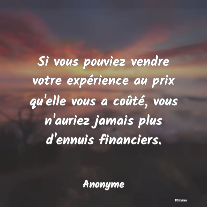 image de citation: Si vous pouviez vendre votre expérience au prix qu'elle vous a coûté, vous n'auriez jamais plus d'ennuis financiers.