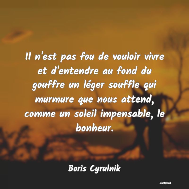 image de citation: Il n'est pas fou de vouloir vivre et d'entendre au fond du gouffre un léger souffle qui murmure que nous attend, comme un soleil impensable, le bonheur.