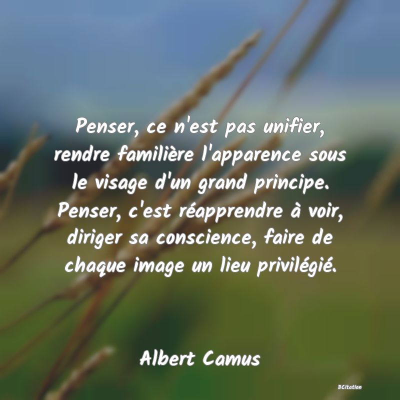 image de citation: Penser, ce n'est pas unifier, rendre familière l'apparence sous le visage d'un grand principe. Penser, c'est réapprendre à voir, diriger sa conscience, faire de chaque image un lieu privilégié.