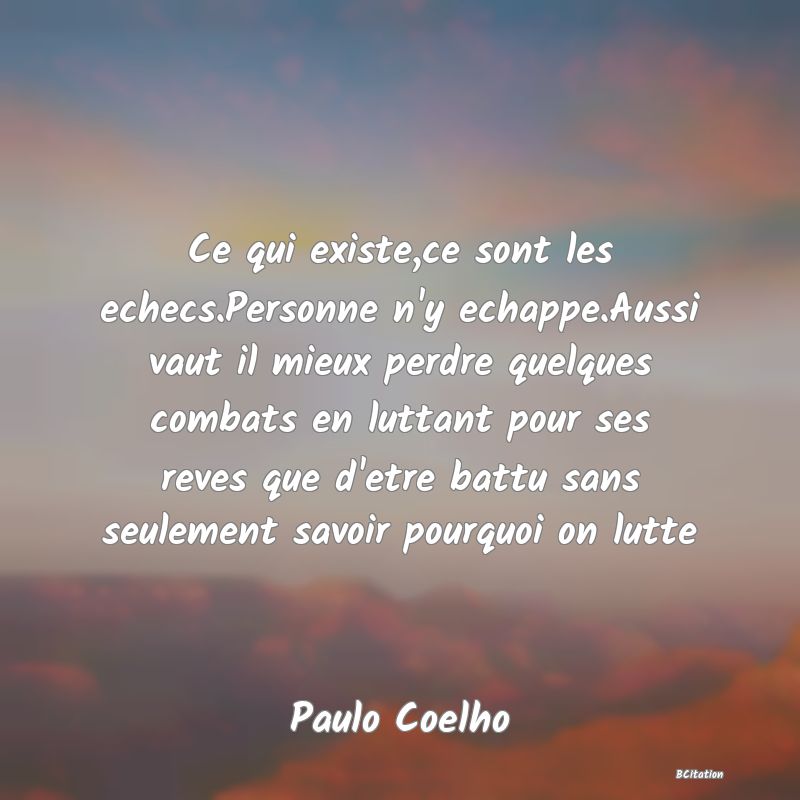 image de citation: Ce qui existe,ce sont les echecs.Personne n'y echappe.Aussi vaut il mieux perdre quelques combats en luttant pour ses reves que d'etre battu sans seulement savoir pourquoi on lutte