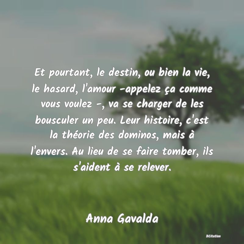 Belle Citation - Et pourtant, le destin, ou bien la vie, le hasard, l'amour -appelez ça comme vous voulez -, va se charger de les bousculer un peu. Leur histoire, c'est la théorie des dominos, mais à l'envers. Au lieu de se faire tomber, ils s'aident à se relever. - Anna Gavalda
