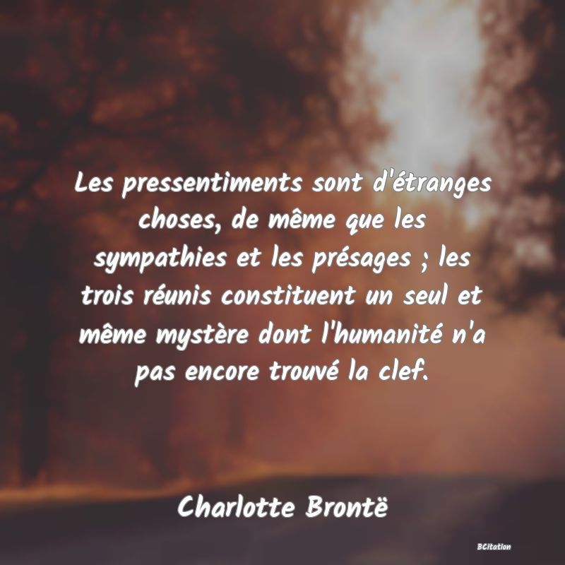 image de citation: Les pressentiments sont d'étranges choses, de même que les sympathies et les présages ; les trois réunis constituent un seul et même mystère dont l'humanité n'a pas encore trouvé la clef.