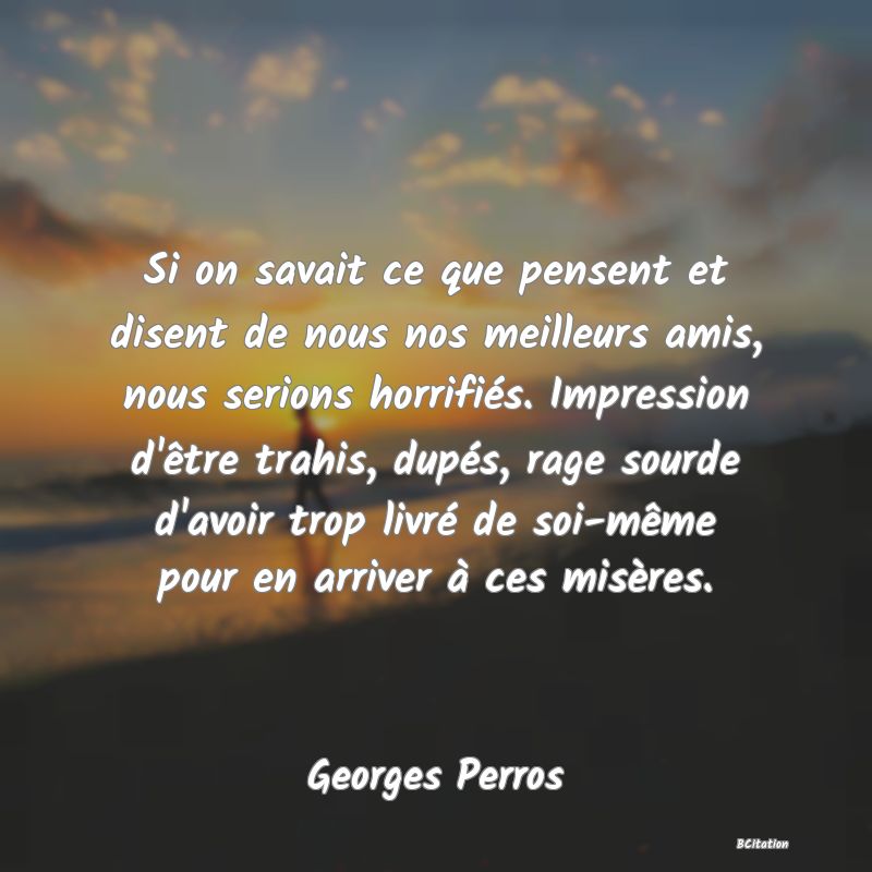 Belle Citation - Si on savait ce que pensent et disent de nous nos meilleurs amis, nous serions horrifiés. Impression d'être trahis, dupés, rage sourde d'avoir trop livré de soi-même pour en arriver à ces misères. - Georges Perros