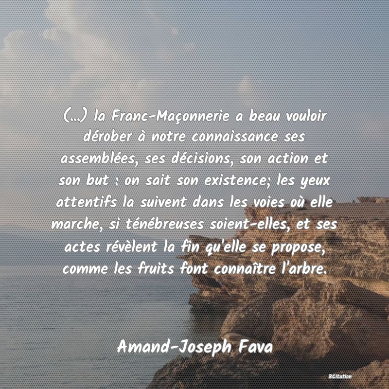 image de citation: (...) la Franc-Maçonnerie a beau vouloir dérober à notre connaissance ses assemblées, ses décisions, son action et son but : on sait son existence; les yeux attentifs la suivent dans les voies où elle marche, si ténébreuses soient-elles, et ses actes révèlent la fin qu'elle se propose, comme les fruits font connaître l'arbre.