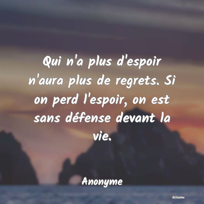 image de citation: Qui n'a plus d'espoir n'aura plus de regrets. Si on perd l'espoir, on est sans défense devant la vie.