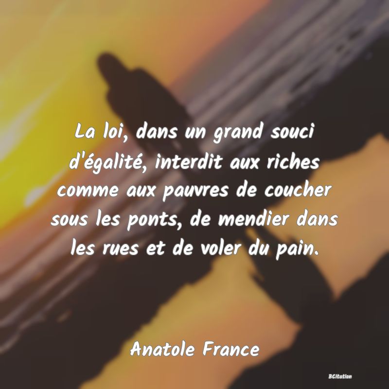 image de citation: La loi, dans un grand souci d'égalité, interdit aux riches comme aux pauvres de coucher sous les ponts, de mendier dans les rues et de voler du pain.