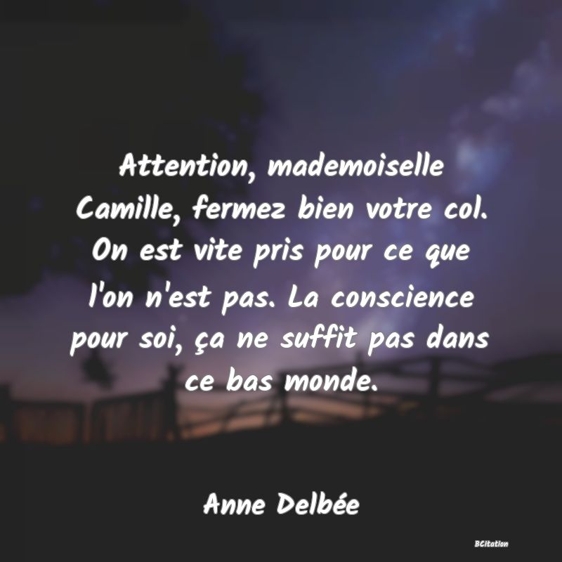 image de citation: Attention, mademoiselle Camille, fermez bien votre col. On est vite pris pour ce que l'on n'est pas. La conscience pour soi, ça ne suffit pas dans ce bas monde.