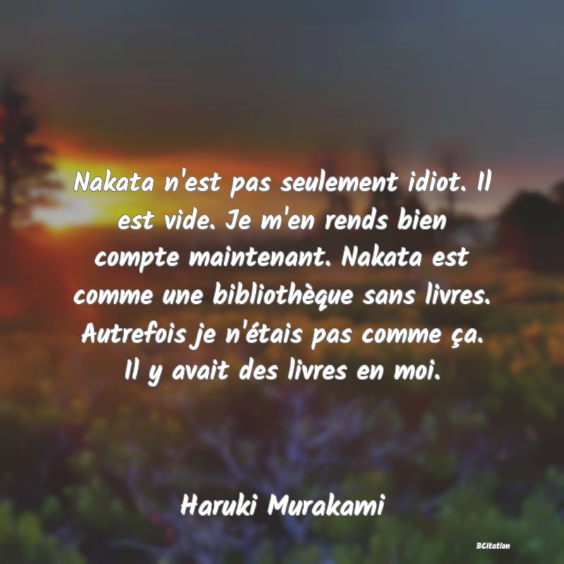 image de citation: Nakata n'est pas seulement idiot. Il est vide. Je m'en rends bien compte maintenant. Nakata est comme une bibliothèque sans livres. Autrefois je n'étais pas comme ça. Il y avait des livres en moi.