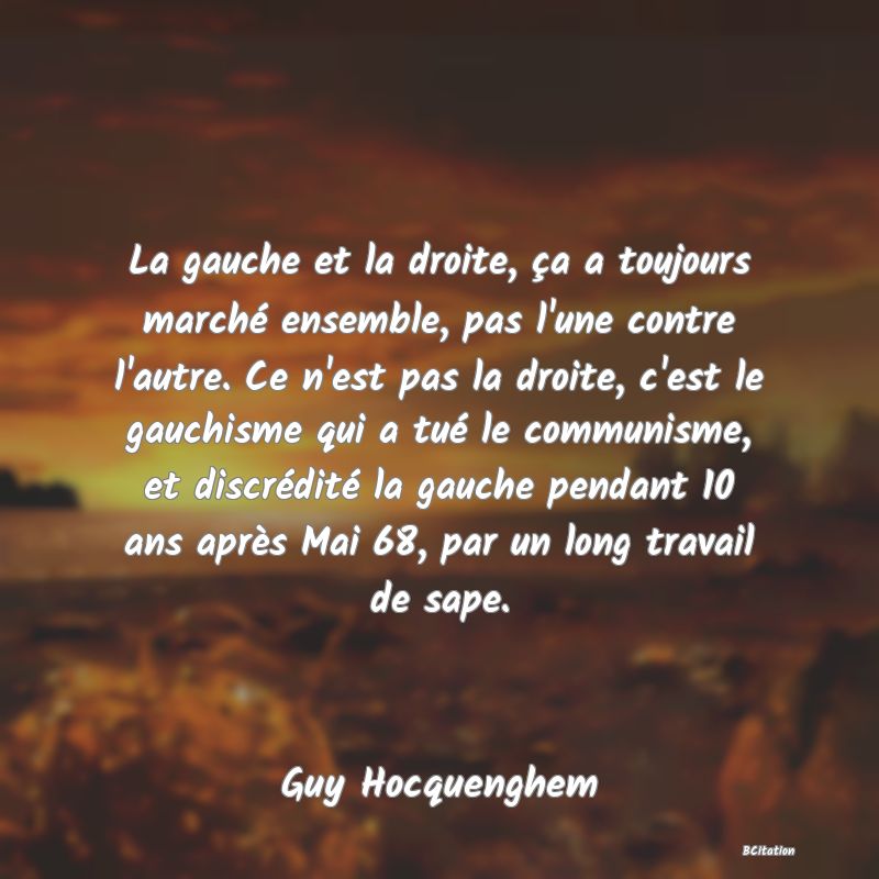 image de citation: La gauche et la droite, ça a toujours marché ensemble, pas l'une contre l'autre. Ce n'est pas la droite, c'est le gauchisme qui a tué le communisme, et discrédité la gauche pendant 10 ans après Mai 68, par un long travail de sape.