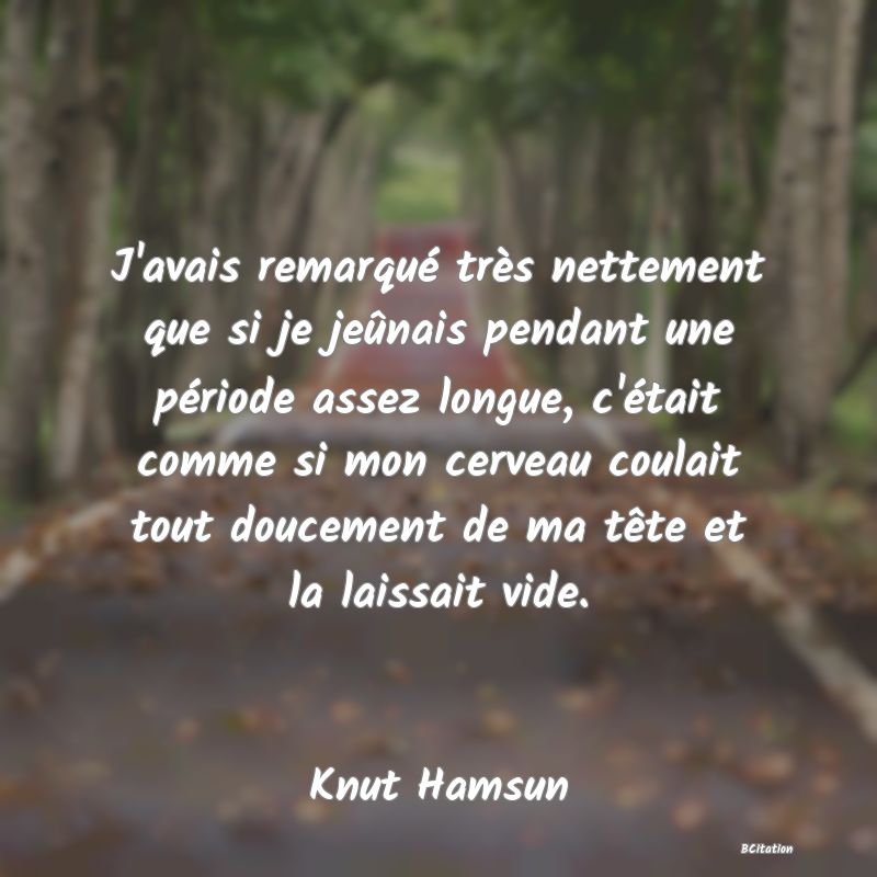 image de citation: J'avais remarqué très nettement que si je jeûnais pendant une période assez longue, c'était comme si mon cerveau coulait tout doucement de ma tête et la laissait vide.