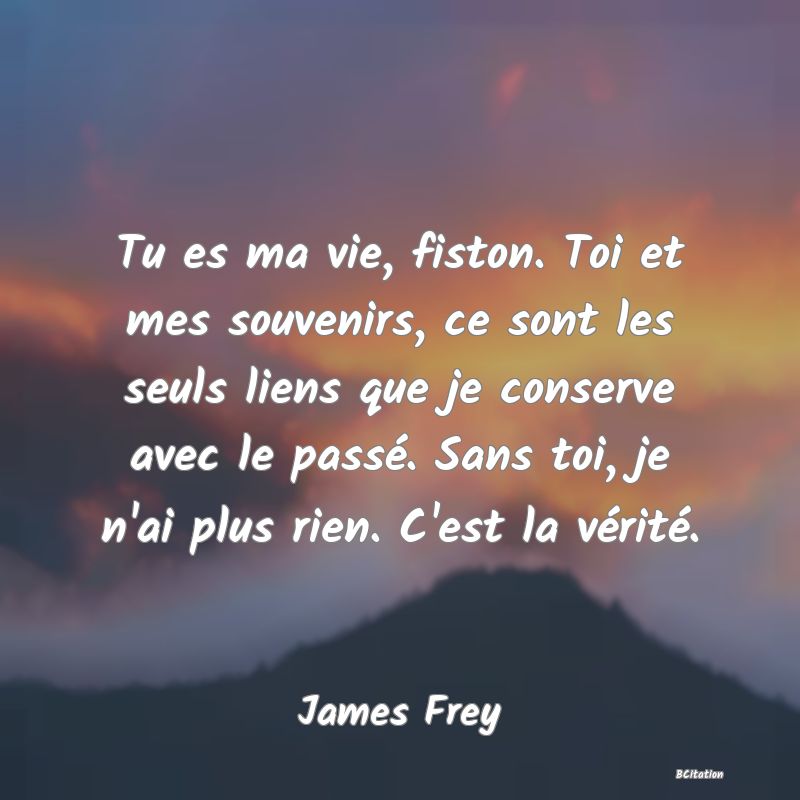 image de citation: Tu es ma vie, fiston. Toi et mes souvenirs, ce sont les seuls liens que je conserve avec le passé. Sans toi, je n'ai plus rien. C'est la vérité.