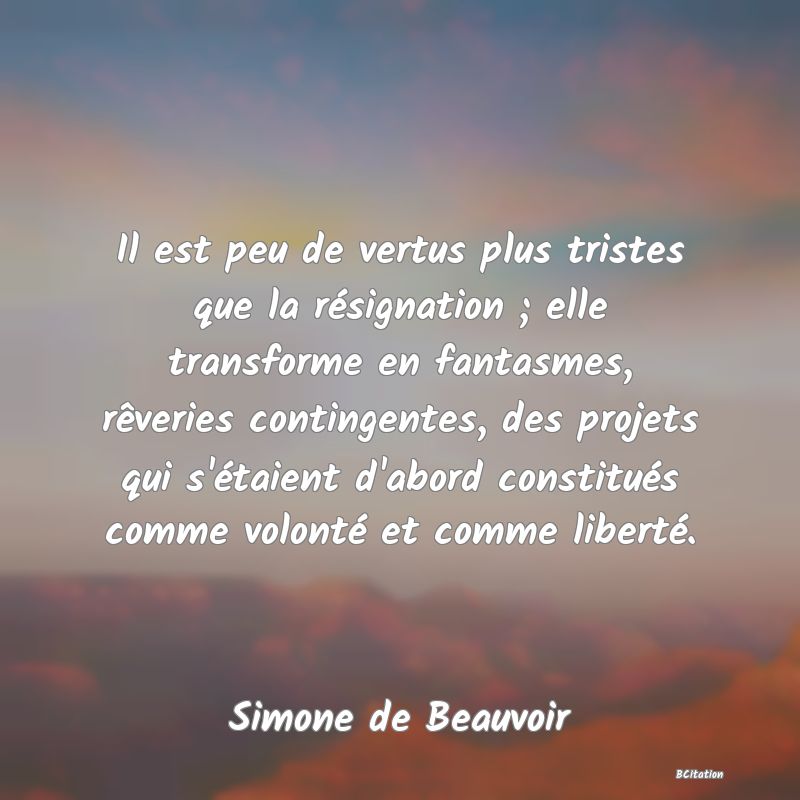 image de citation: Il est peu de vertus plus tristes que la résignation ; elle transforme en fantasmes, rêveries contingentes, des projets qui s'étaient d'abord constitués comme volonté et comme liberté.