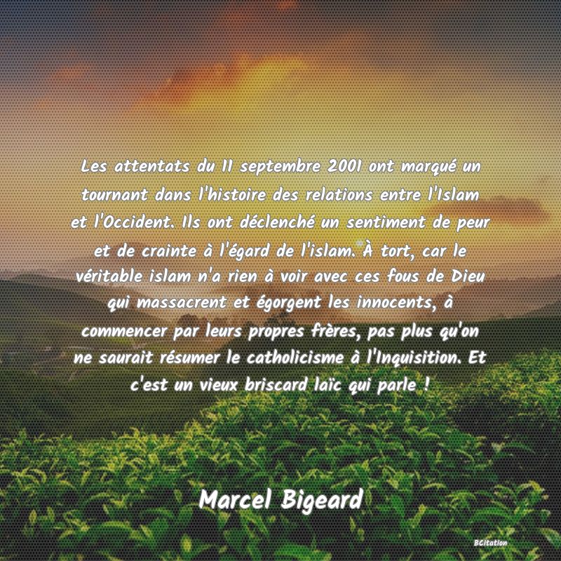 image de citation: Les attentats du 11 septembre 2001 ont marqué un tournant dans l'histoire des relations entre l'Islam et l'Occident. Ils ont déclenché un sentiment de peur et de crainte à l'égard de l'islam. À tort, car le véritable islam n'a rien à voir avec ces fous de Dieu qui massacrent et égorgent les innocents, à commencer par leurs propres frères, pas plus qu'on ne saurait résumer le catholicisme à l'Inquisition. Et c'est un vieux briscard laïc qui parle !