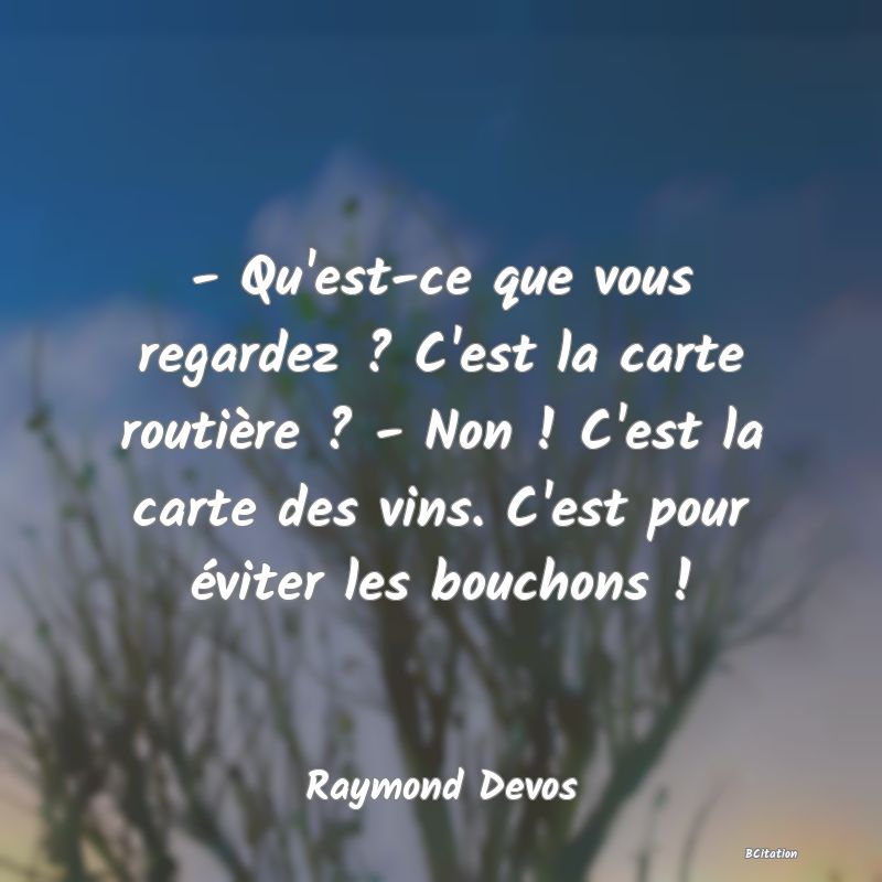 image de citation: - Qu'est-ce que vous regardez ? C'est la carte routière ? - Non ! C'est la carte des vins. C'est pour éviter les bouchons !