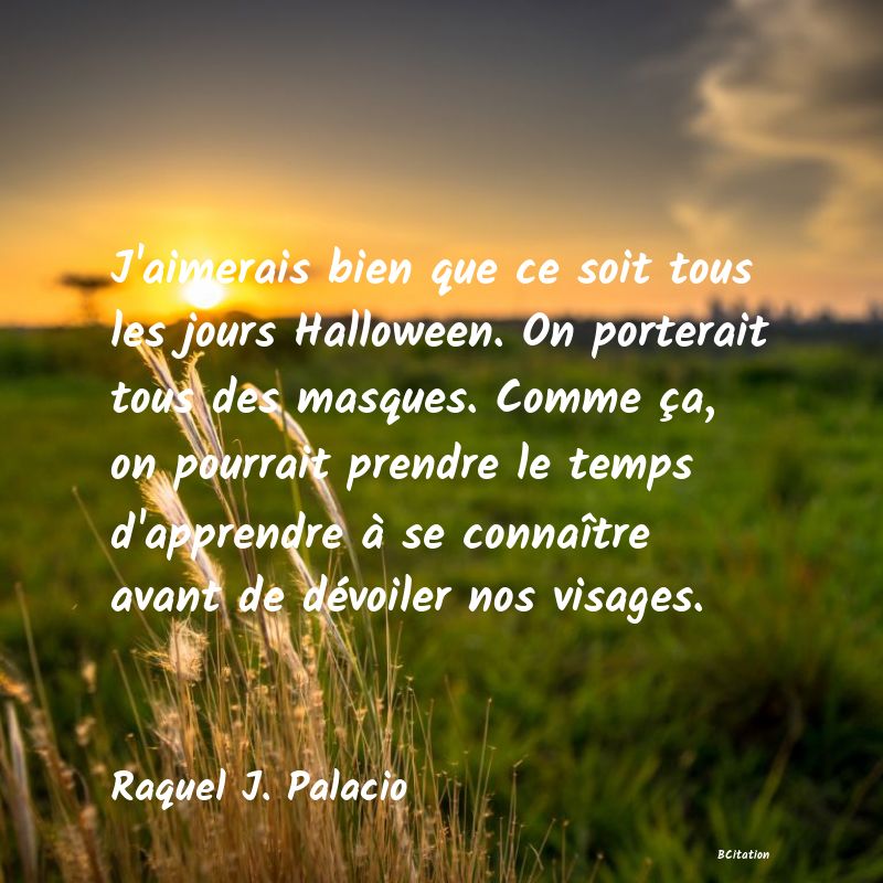 image de citation: J'aimerais bien que ce soit tous les jours Halloween. On porterait tous des masques. Comme ça, on pourrait prendre le temps d'apprendre à se connaître avant de dévoiler nos visages.