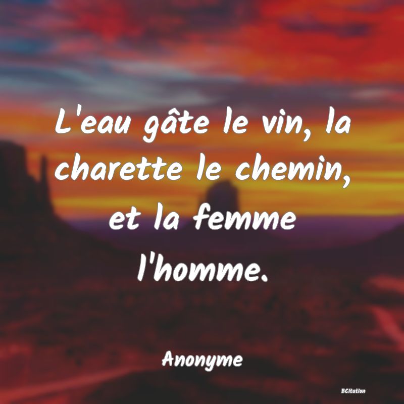 image de citation: L'eau gâte le vin, la charette le chemin, et la femme l'homme.