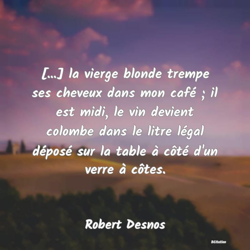 Belle Citation - [...] la vierge blonde trempe ses cheveux dans mon café ; il est midi, le vin devient colombe dans le litre légal déposé sur la table à côté d'un verre à côtes. - Robert Desnos