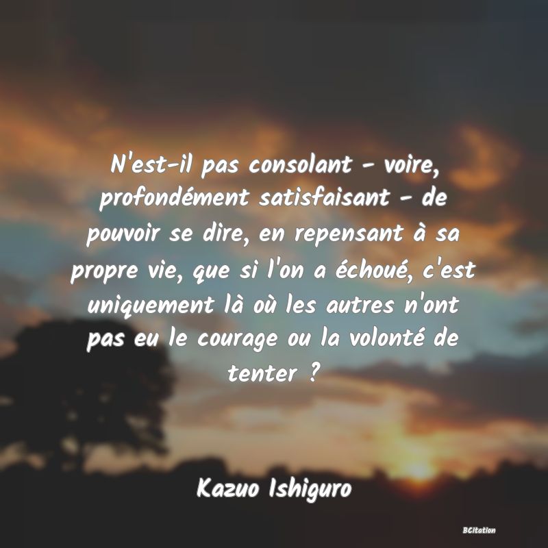 image de citation: N'est-il pas consolant - voire, profondément satisfaisant - de pouvoir se dire, en repensant à sa propre vie, que si l'on a échoué, c'est uniquement là où les autres n'ont pas eu le courage ou la volonté de tenter ?