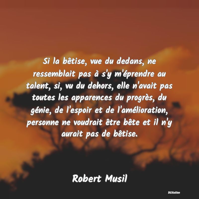 image de citation: Si la bêtise, vue du dedans, ne ressemblait pas à s'y m'éprendre au talent, si, vu du dehors, elle n'avait pas toutes les apparences du progrès, du génie, de l'espoir et de l'amélioration, personne ne voudrait être bête et il n'y aurait pas de bêtise.