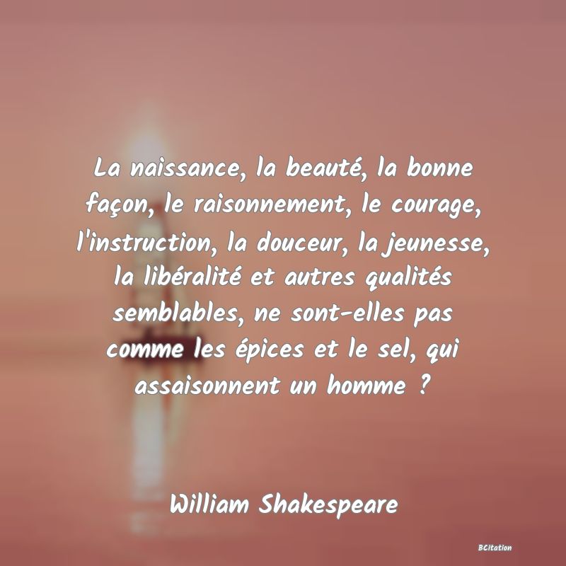 image de citation: La naissance, la beauté, la bonne façon, le raisonnement, le courage, l'instruction, la douceur, la jeunesse, la libéralité et autres qualités semblables, ne sont-elles pas comme les épices et le sel, qui assaisonnent un homme ?