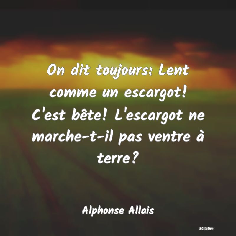 image de citation: On dit toujours: Lent comme un escargot! C'est bête! L'escargot ne marche-t-il pas ventre à terre?