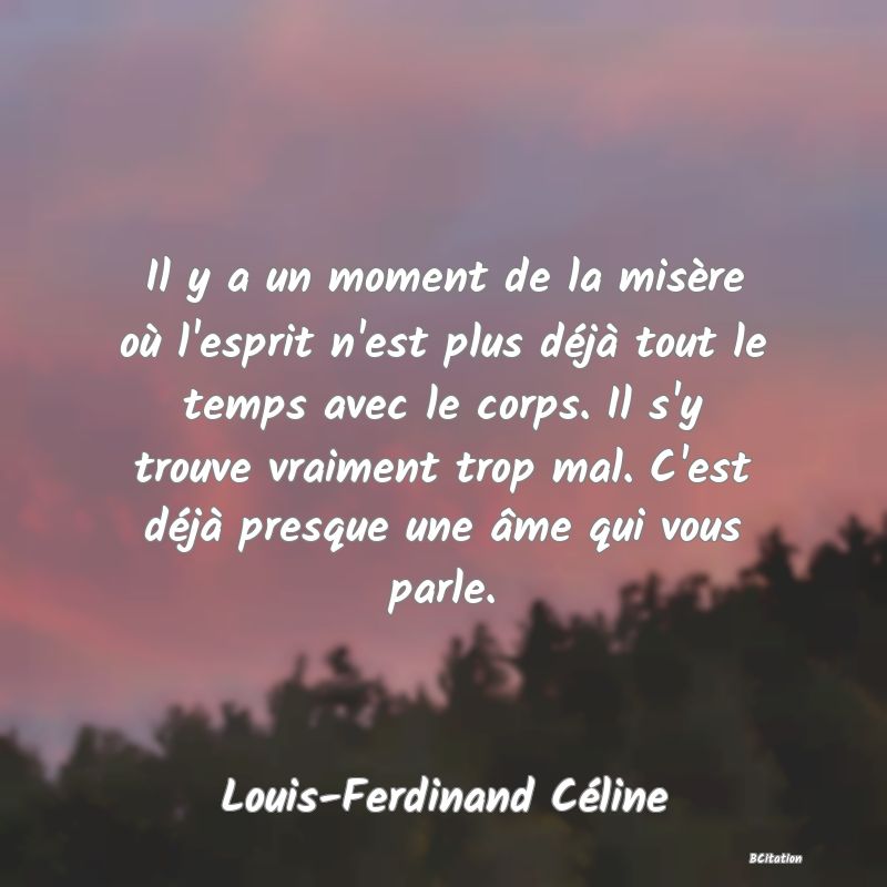 image de citation: Il y a un moment de la misère où l'esprit n'est plus déjà tout le temps avec le corps. Il s'y trouve vraiment trop mal. C'est déjà presque une âme qui vous parle.