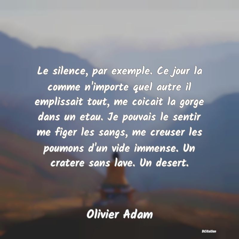 image de citation: Le silence, par exemple. Ce jour la comme n'importe quel autre il emplissait tout, me coicait la gorge dans un etau. Je pouvais le sentir me figer les sangs, me creuser les poumons d'un vide immense. Un cratere sans lave. Un desert.