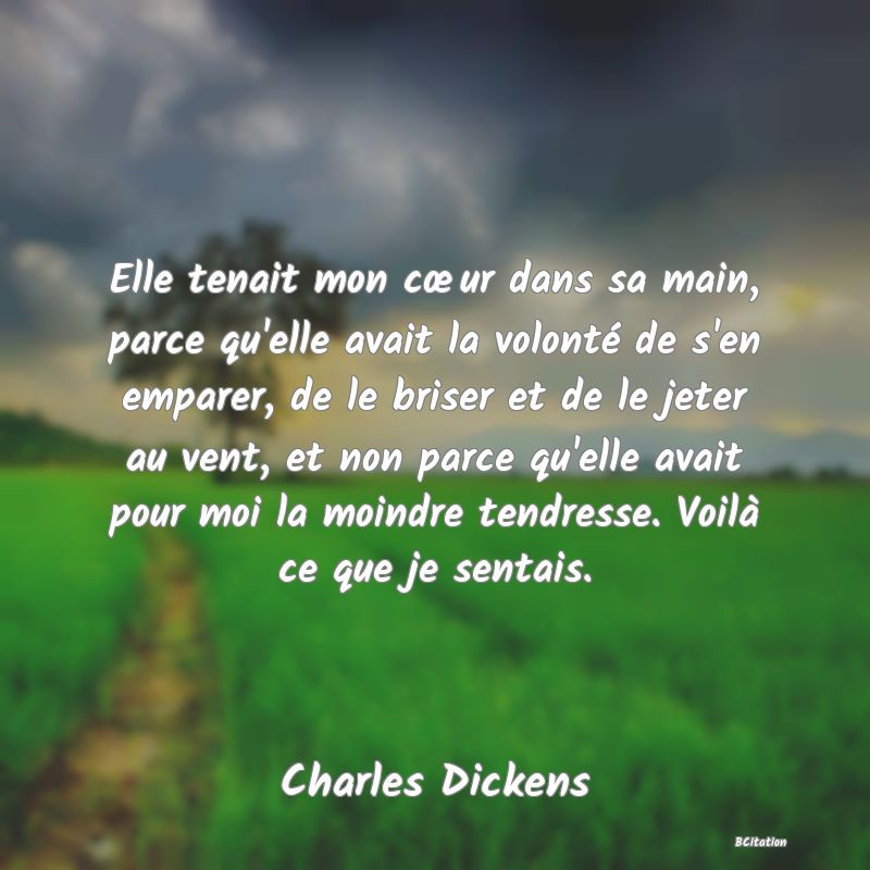 image de citation: Elle tenait mon cœur dans sa main, parce qu'elle avait la volonté de s'en emparer, de le briser et de le jeter au vent, et non parce qu'elle avait pour moi la moindre tendresse. Voilà ce que je sentais.