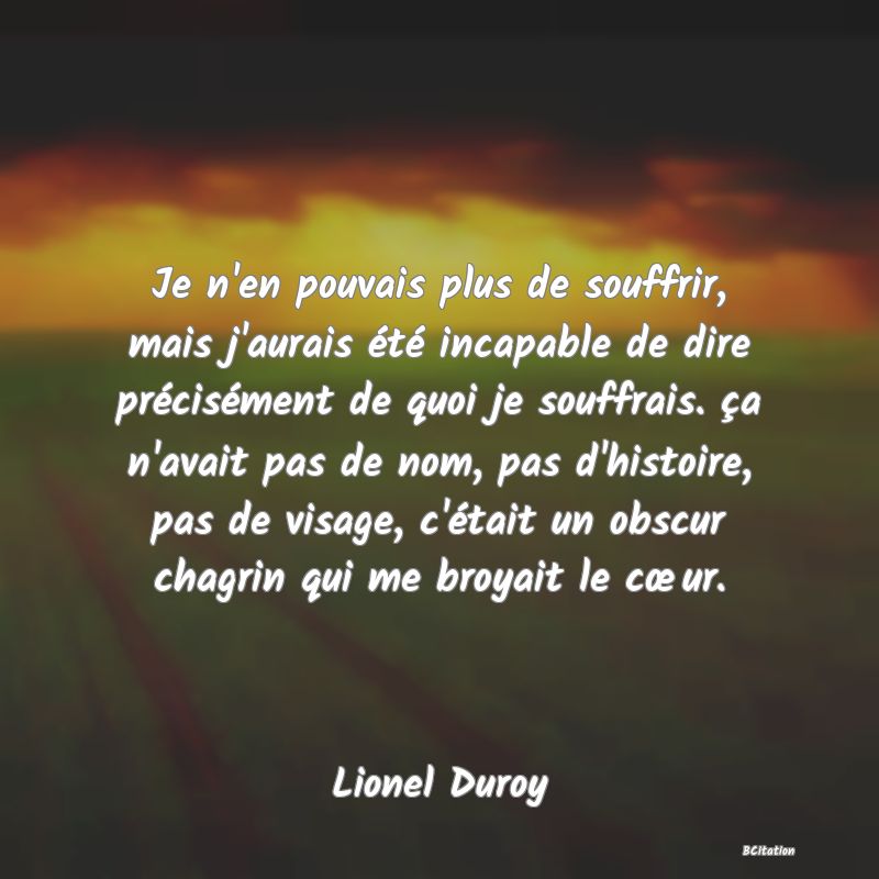 image de citation: Je n'en pouvais plus de souffrir, mais j'aurais été incapable de dire précisément de quoi je souffrais. ça n'avait pas de nom, pas d'histoire, pas de visage, c'était un obscur chagrin qui me broyait le cœur.