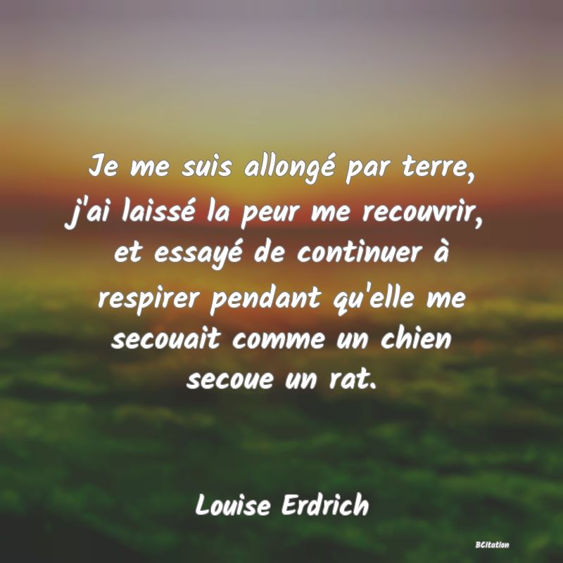 image de citation: Je me suis allongé par terre, j'ai laissé la peur me recouvrir, et essayé de continuer à respirer pendant qu'elle me secouait comme un chien secoue un rat.