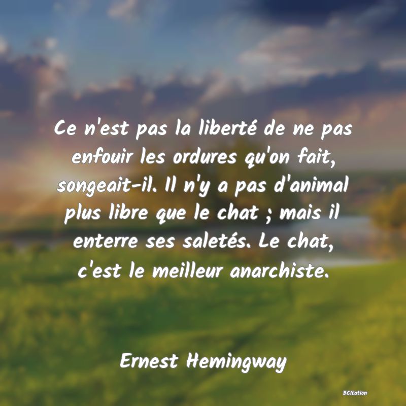 image de citation: Ce n'est pas la liberté de ne pas enfouir les ordures qu'on fait, songeait-il. Il n'y a pas d'animal plus libre que le chat ; mais il enterre ses saletés. Le chat, c'est le meilleur anarchiste.